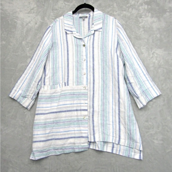 Habitat Tops - Habitat Asymmetrical Striped Artsy Lagenlook Button Up Blouse Linen Blend Large